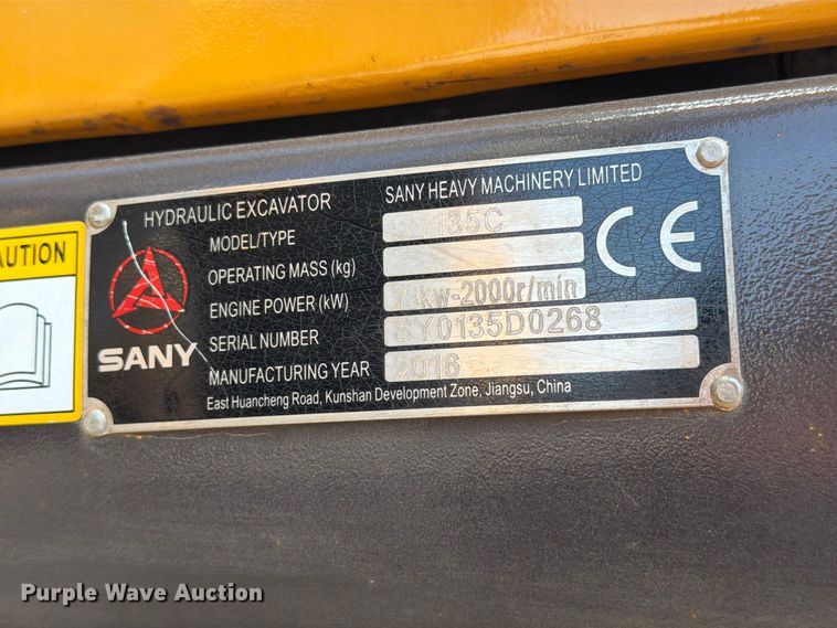image for item EW8792 2016 Sany SY135C excavator