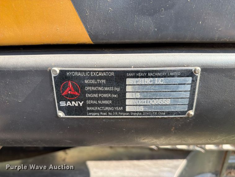 image for item EX0522 2016 Sany SY215SCLC excavator