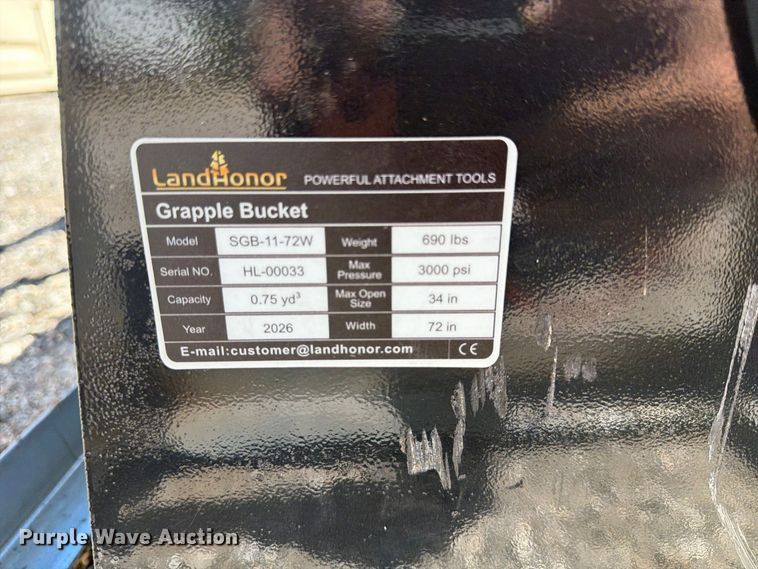 image for item EX4222 2026 LandHonor SGB-11-72W skid steer grapple bucket