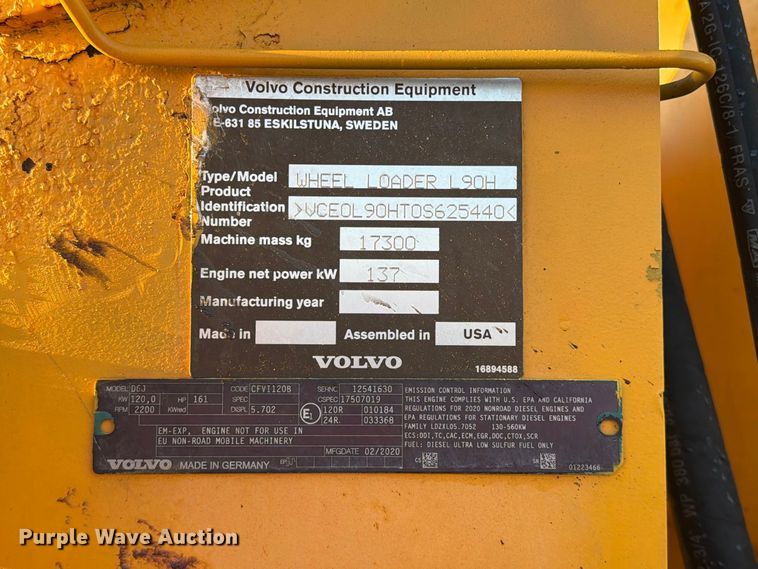 image for item FI0417 2020 Volvo L90H wheel loader