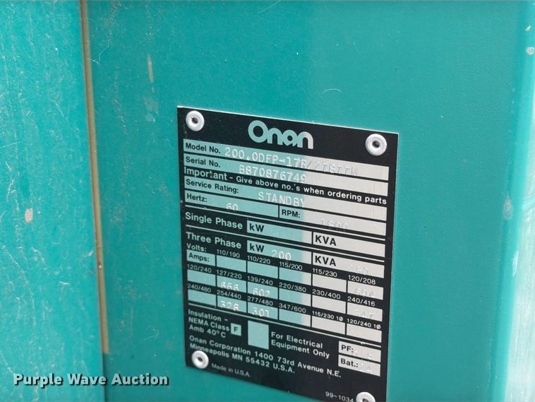 image for item FJ0539 Onan 220.ODFP-17R/27877M generator