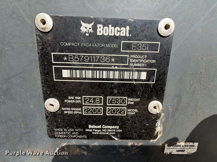 image for item FK5188 2022 Bobcat E35i mini excavator