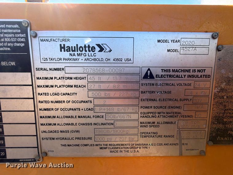 image for item FK5218 2020 Haulotte 4527A boom lift