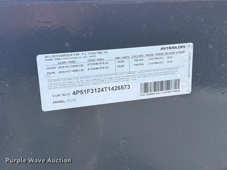 image for item FT6830 2026 PJ PL241 equipment trailer