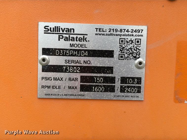 image for item FU0519 2018 Sullivan Palatek D375PHJD4 air compressor