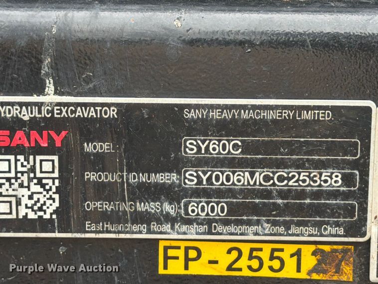 image for item YA4722 2022 Sany SY60C mini excavator