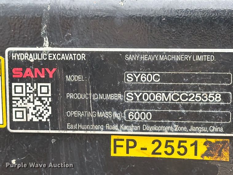 image for item YA4722 2022 Sany SY60C mini excavator