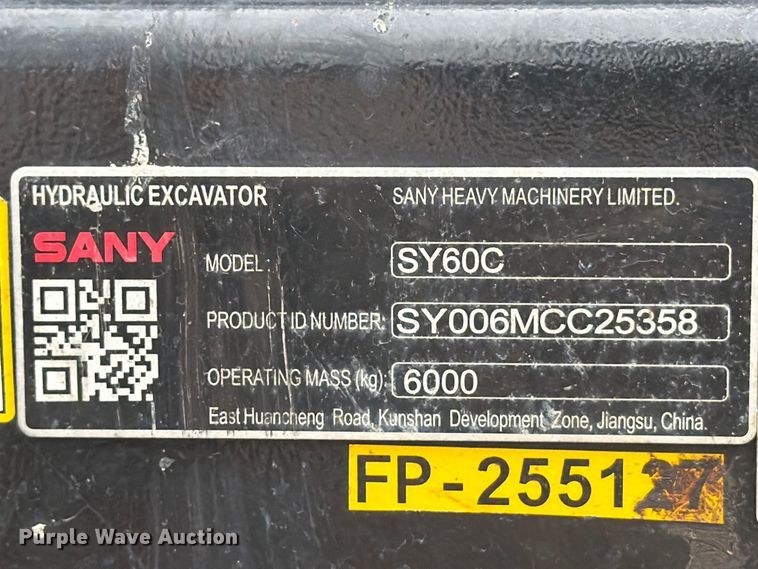 image for item YA4722 2022 Sany SY60C mini excavator