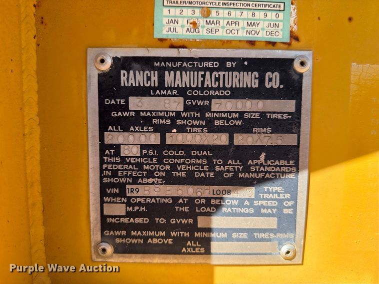 image for item DV8734 1987 Ranch Manufacturing bottom dump trailer