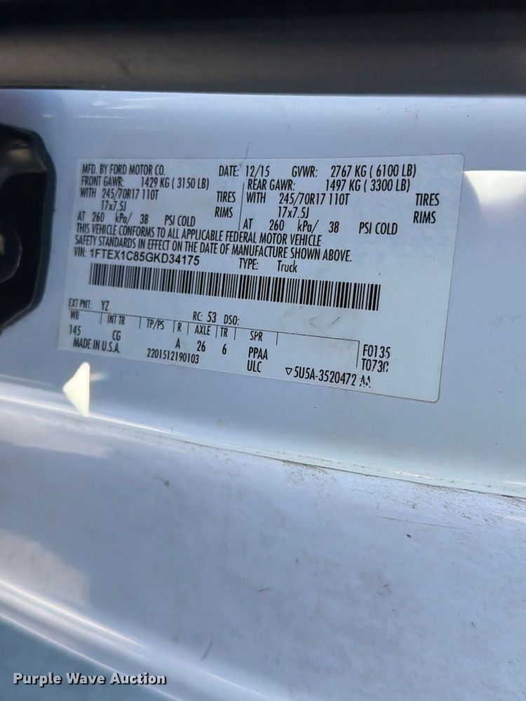 image for item FH6457 2016 Ford F150 XL Ext. Cab pickup truck