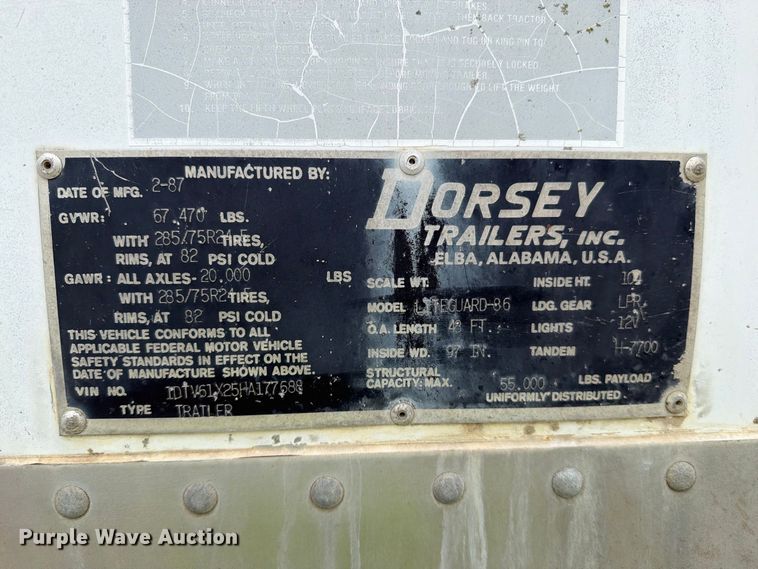 image for item FN5870 1987 Dorsey Liteguard-86 dry van trailer