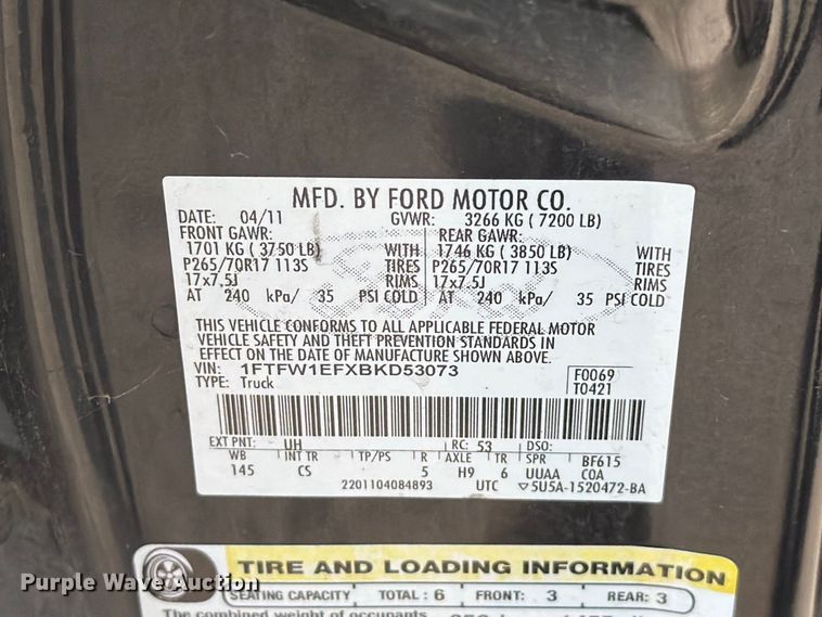 image for item FT6310 2011 Ford F150 XL Crew Cab pickup truck