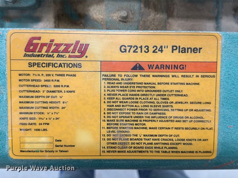 image for item FU0537 Grizzly G7213 planer