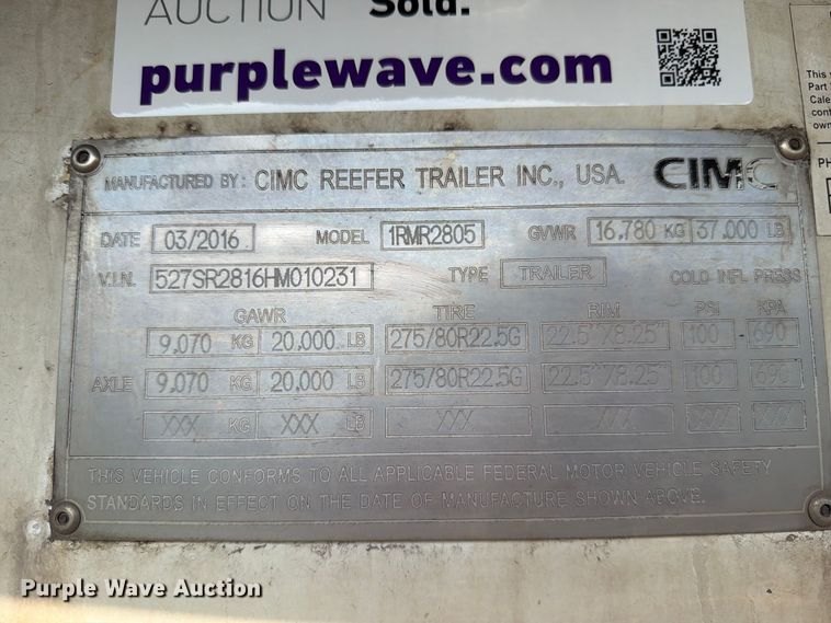 image for item DV8517 2017 CIMC refrigerated van trailer
