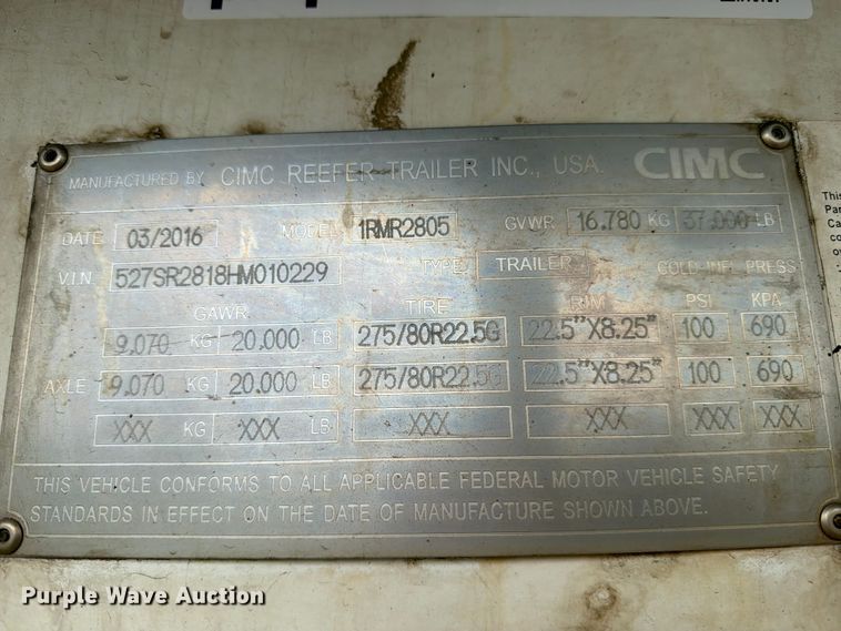 image for item DV8518 2017 CIMC refrigerated van trailer