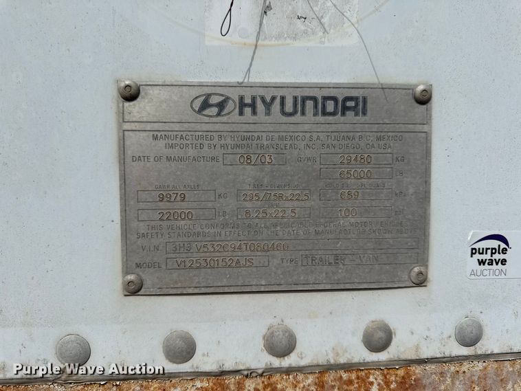 image for item EX2201 2004 Hyundai V12530152AJS dry van trailer