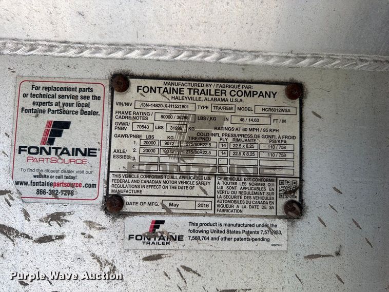 image for item YA5284 2017 Fontaine HCR6012WSA flatbed trailer