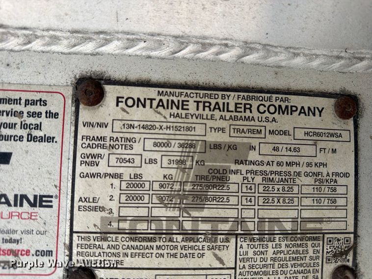 image for item YA5284 2017 Fontaine HCR6012WSA flatbed trailer