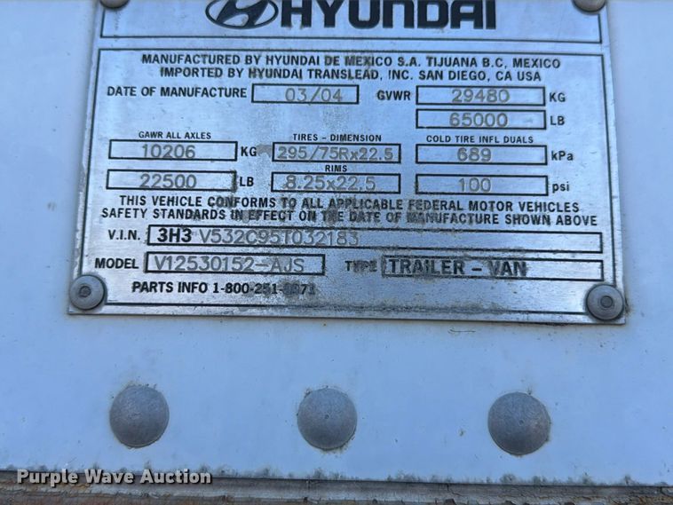 image for item YA5328 2004 Hyundai V12530152-AJS dry van trailer