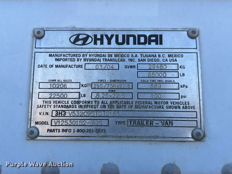 image for item YA5328 2004 Hyundai V12530152-AJS dry van trailer