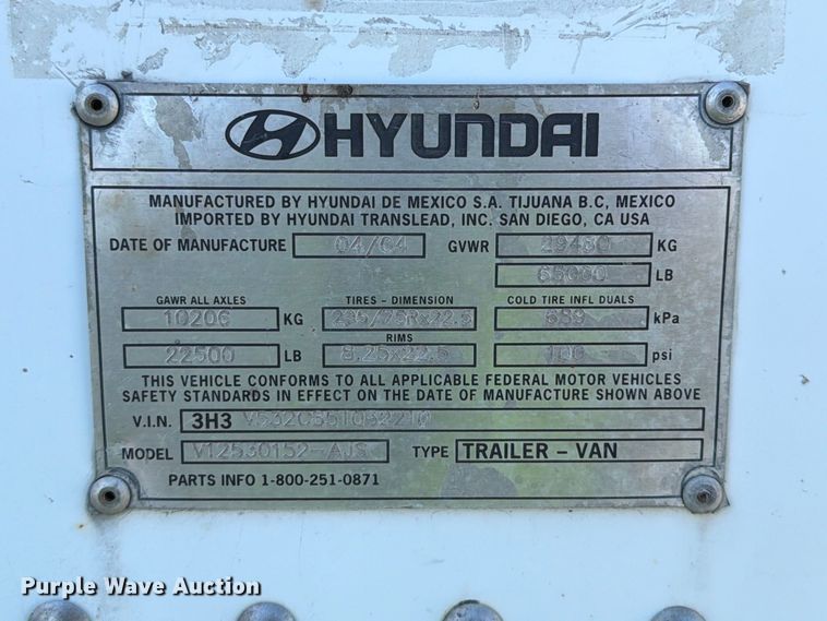 image for item YA5329 2004 Hyundai V12530152-AJS dry van trailer