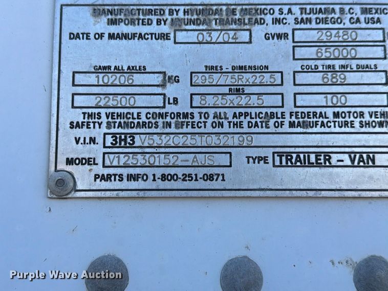 image for item YA5330 2004 Hyundai V12530152-AJS dry van trailer