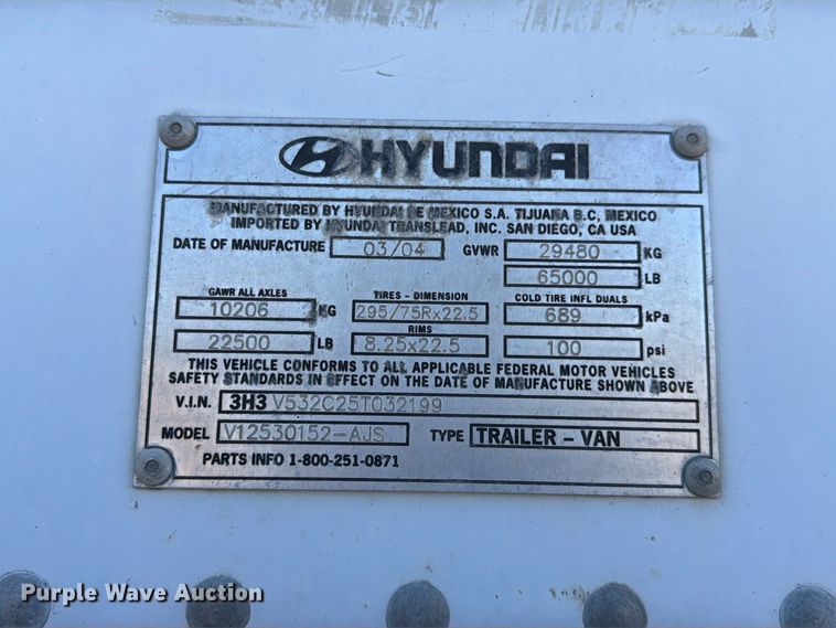 image for item YA5330 2004 Hyundai V12530152-AJS dry van trailer