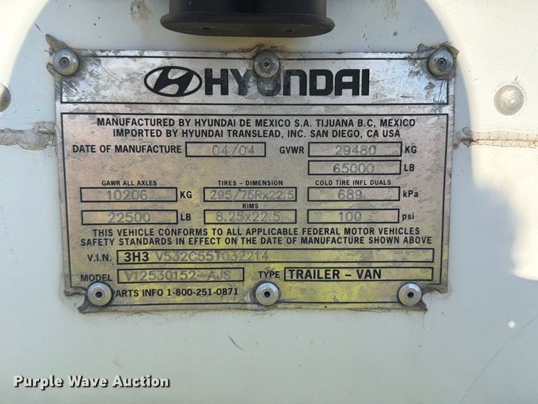 image for item YA5331 2004 Hyundai V12530152-AJS dry van trailer