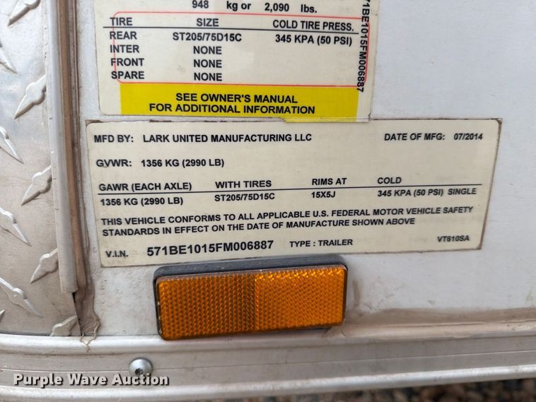 image for item DV8698 2015 Lark United Manufacturing enclosed cargo trailer