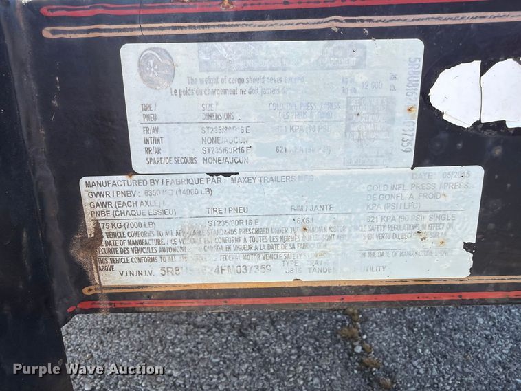 image for item FU1097 2015 Maxey utility trailer