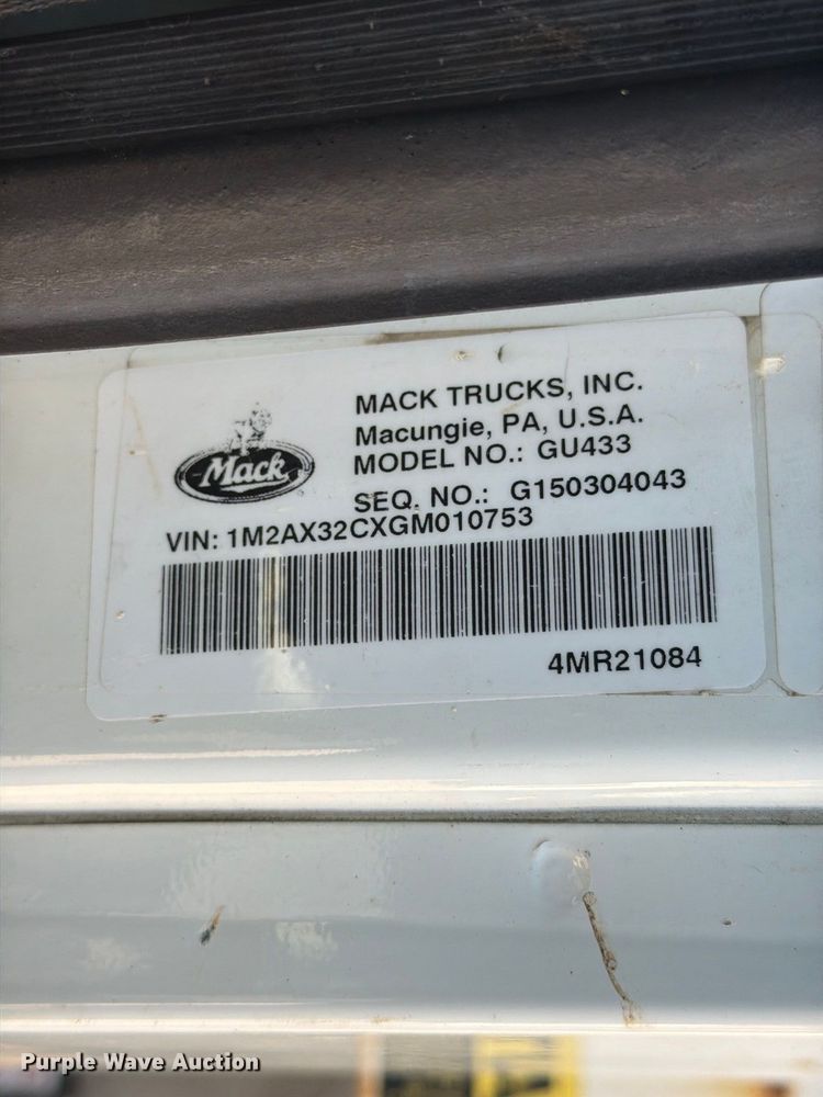 image for item FU1100 2016 Mack GU433 dump truck