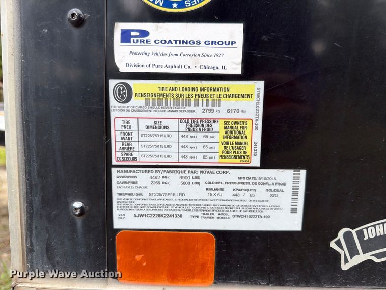 image for item DV7395 2019 Novae Corp Sure Trac STWCH10222TA-100 enclosed cargo trailer