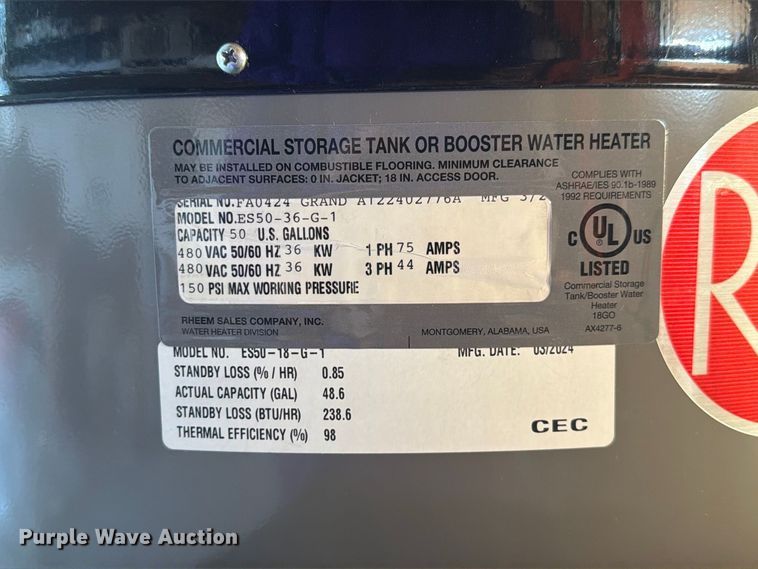 image for item DZ4936 Rheem ES50-36-G-1 water heater