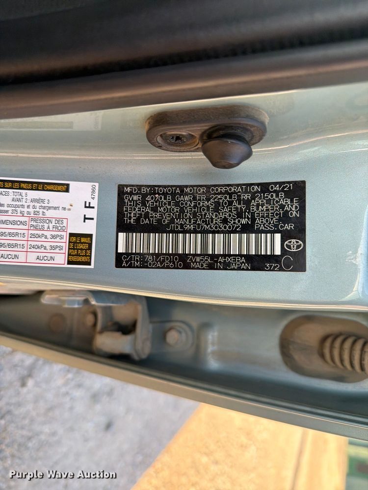 image for item EI7787 2021 Toyota Prius 