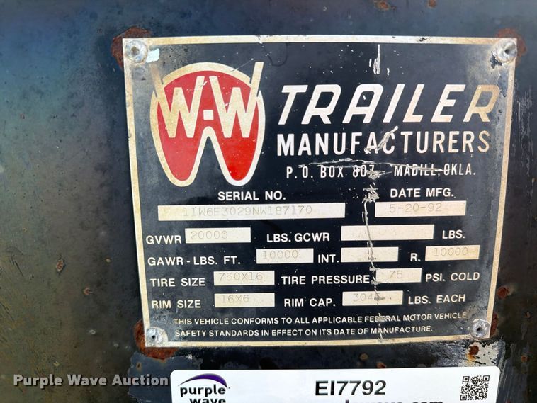 image for item EI7792 1992 W-W Trailers equipment trailer