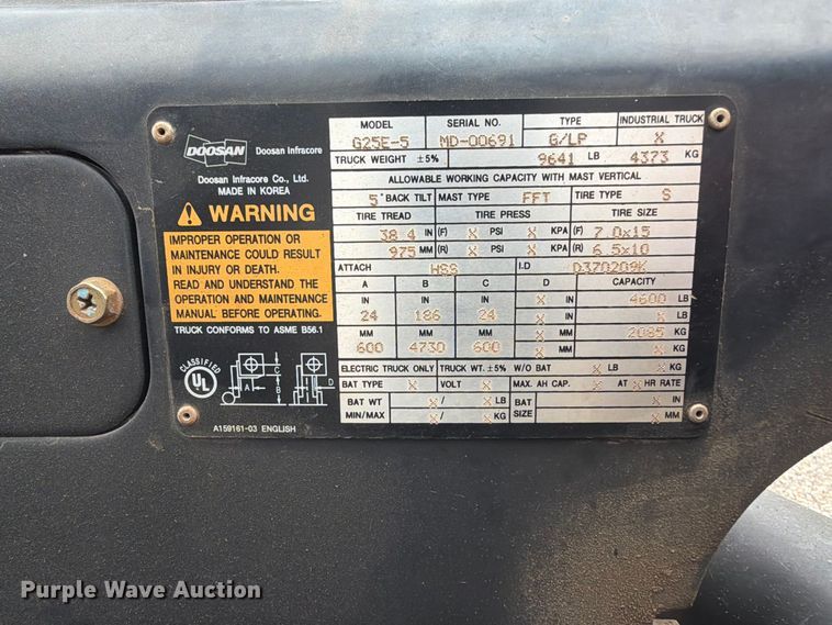 image for item EP7859 2010 Doosan G25E-5 forklift