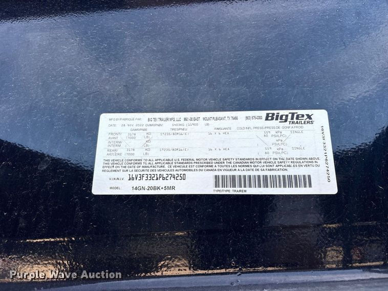 image for item ES8178 2023 Big Tex Trailers 14GN-20BK+5MR equipment trailer