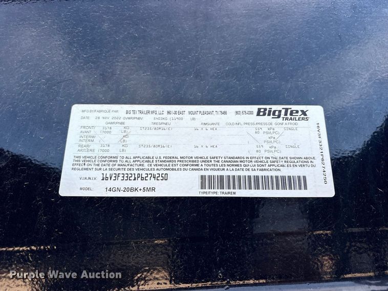 image for item ES8178 2023 Big Tex Trailers 14GN-20BK+5MR equipment trailer