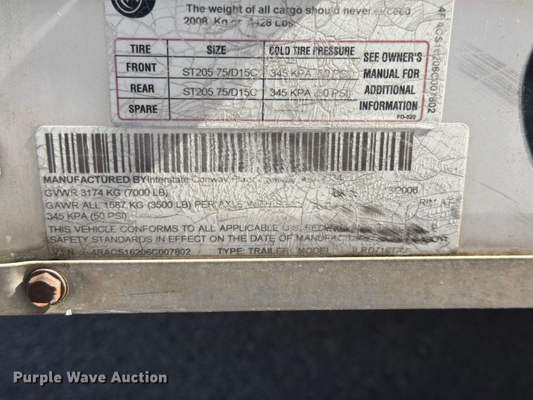 image for item FK3821 2006 Interstate West Corp ILRD716TA2 enclosed cargo trailer