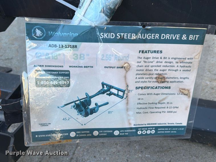 image for item FP3138 2025 Wolverine ADB-13-1218R skid steer auger