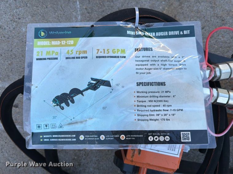 image for item FP3140 2026 Wolverine MAD-12-12D skid steer auger
