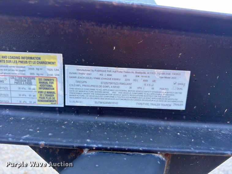 image for item FU4740 2022 Hull Porter tilt deck utility trailer