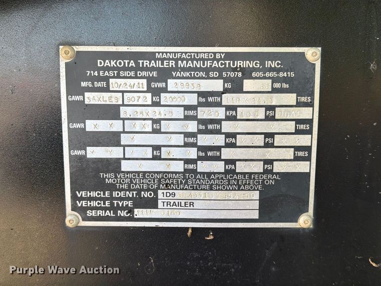 image for item EA0588 2012 Dakota Trailer Manufacturing bottom dump trailer