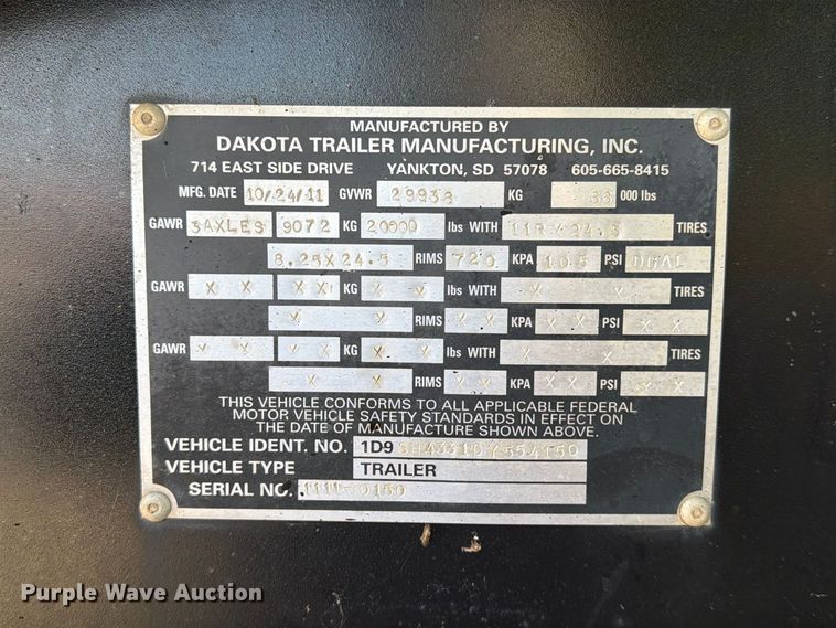 image for item EA0588 2012 Dakota Trailer Manufacturing bottom dump trailer