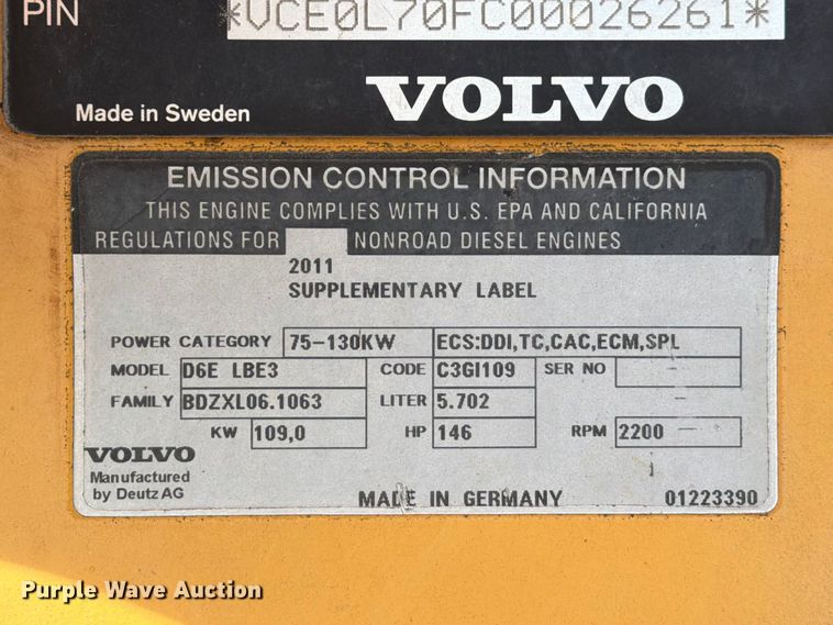 image for item EA7377 2011 Volvo L70F wheel loader