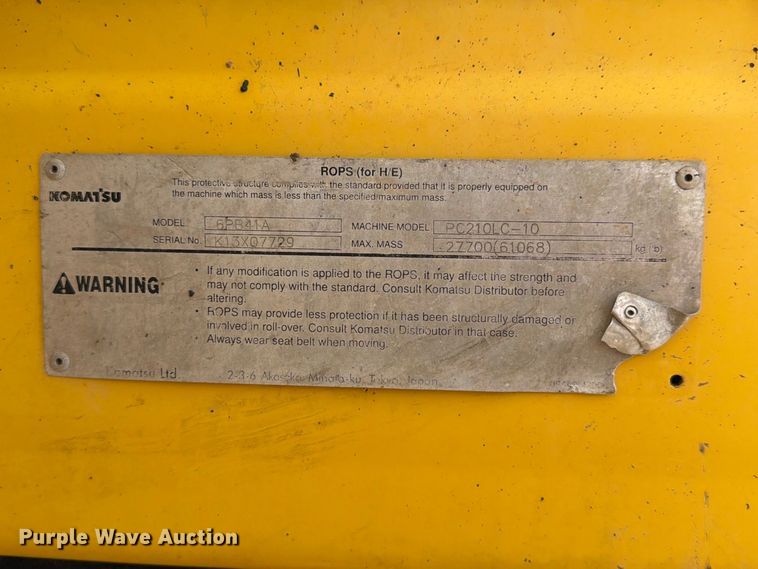 image for item EA7378 2015 Komatsu PC210LC-10 excavator