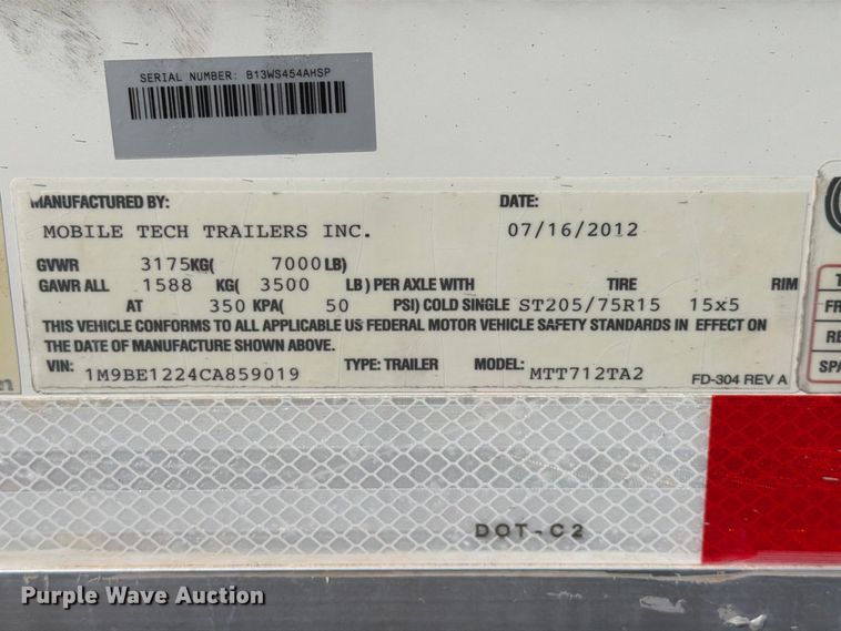 image for item FB5082 2012 Mobile Tech MTT712TA2 fiber optic splicing trailer