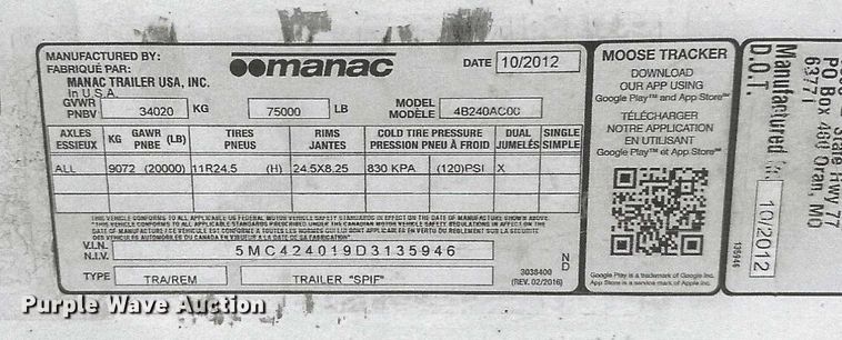 image for item FC4457 2013 Manac 4B24 bottom dump trailer