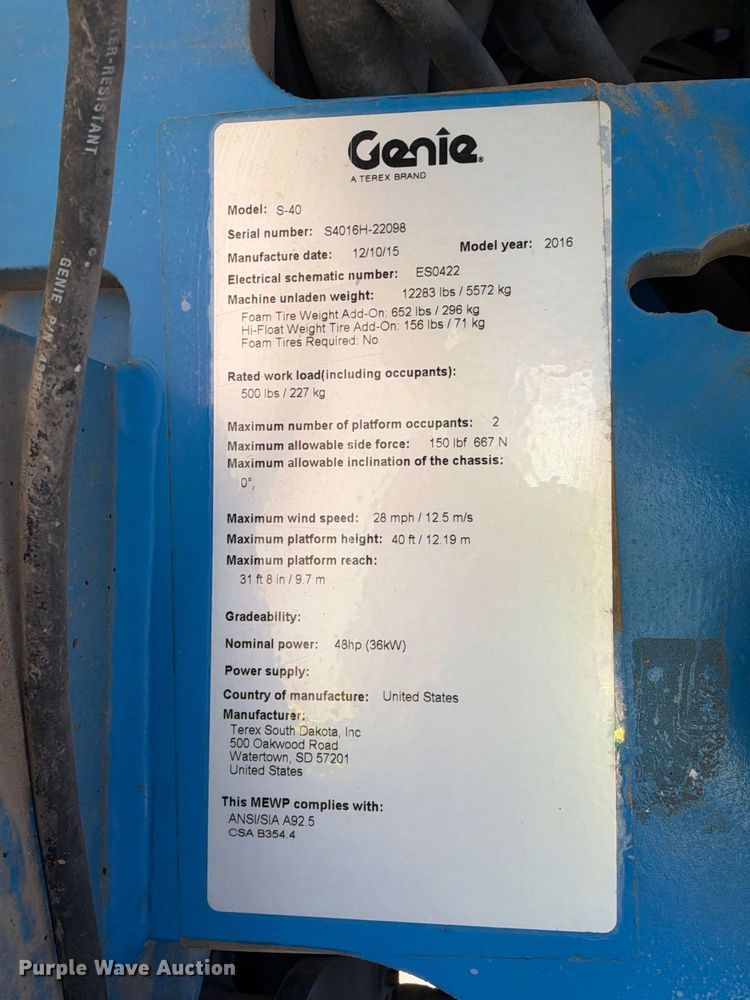 image for item YA5281 2016 Genie S-40 boom lift