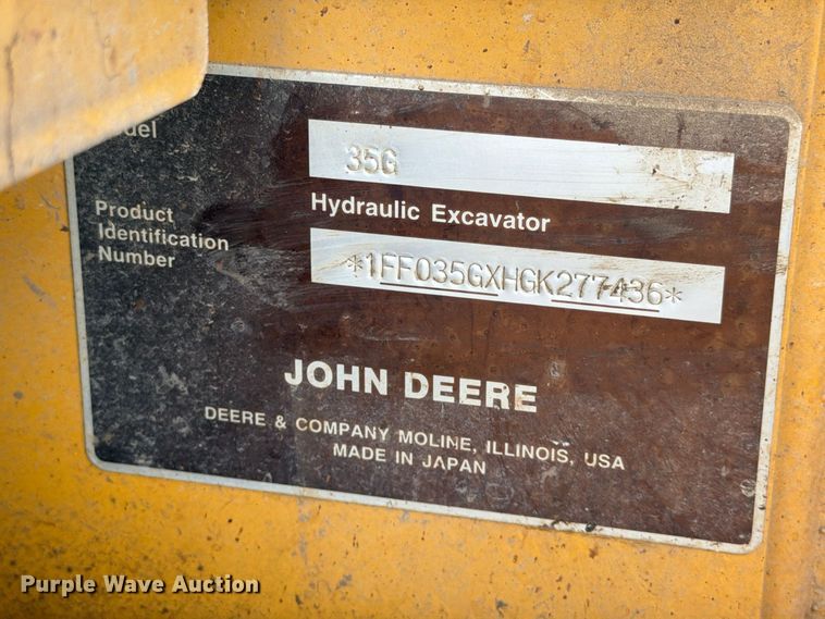 image for item YA5814 2016 John Deere 35G mini excavator